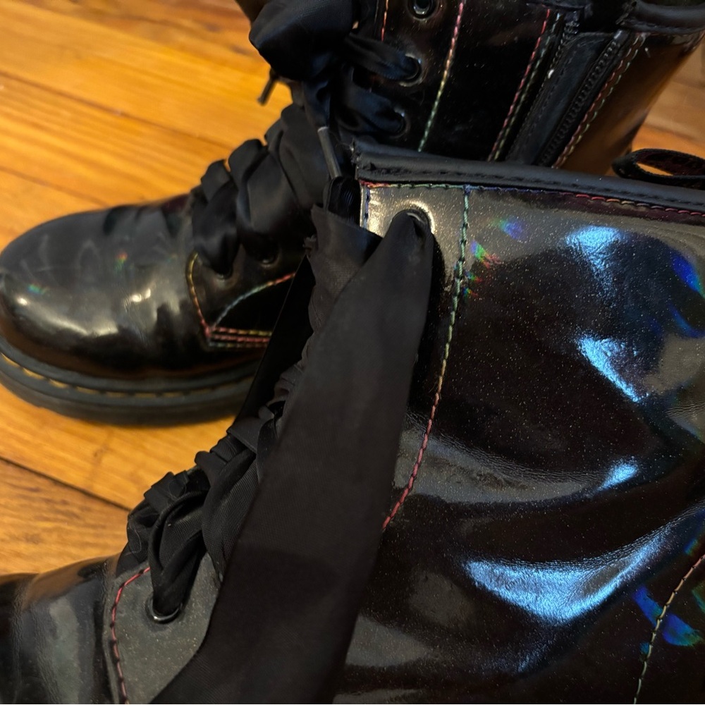 Dr Marten Black Patent Leather Boots with Rainbow Stitching